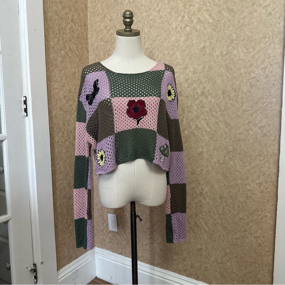 Floral Patchwork Knit Sweater - Pink and Green